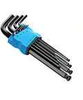 Premium Extra Long Ball End Hex Key Set Crafted From Heat Treated Crv Steel With Black Oxide Finish For High Torque Work And Stubborn Fasteners That Come In A Metric 9 Piece Kit, blue holder