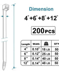Assorted Zip Ties 12 Inch 8 Inch 6 Inch 4 Inch 200 Pack Tough As Nails Heavy Duty UV Resistant Nylon Cable Ties For Outdoor Use All Weather Tie Straps Cables Garden DIY Projects, size chart and 200pcs