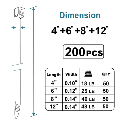 Assorted Zip Ties 12 Inch 8 Inch 6 Inch 4 Inch 200 Pack Tough As Nails Heavy Duty UV Resistant Nylon Cable Ties For Outdoor Use All Weather Tie Straps Cables Garden DIY Projects, size chart and 200pcs