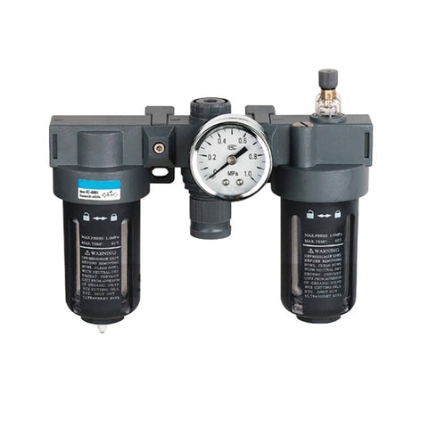 Air Filter Regulator Lubricator FRL Combo Unit With Auto Drain For Pneumatic Systems BC2000 A frontal view with gauge and ports