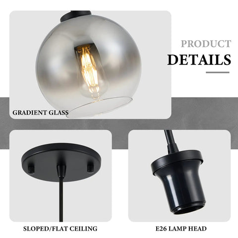Gradient glass detail on black farmhouse pendant light fixtures two pack over table with crystal lampshades for kitchen island.