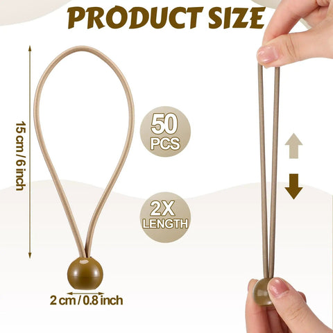 Person stretching 50 Pcs Ball Bungee Cords 6 Inch Tarp Tie Downs With Balls Beige to show expandable length