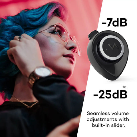 Colorful person using Adjustable Earplugs For Musicians And Everyday Gigs High Fidelity Hearing Protection With Stepless 7 To 25 dB Attenuation Award Winning Design Ideal For Concerts Clubs Festivals Includes Case Leash And 11 Eartips