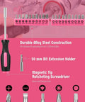 Compact 39 Piece Hand Tool Kit With Case For DIYers And Homeowners A Handy Starter Set For Home Repairs Wood Metal Craft And Mounting In A Portable Pink Tool Box, showing screwdriver bits and magnetic tip screwdriver