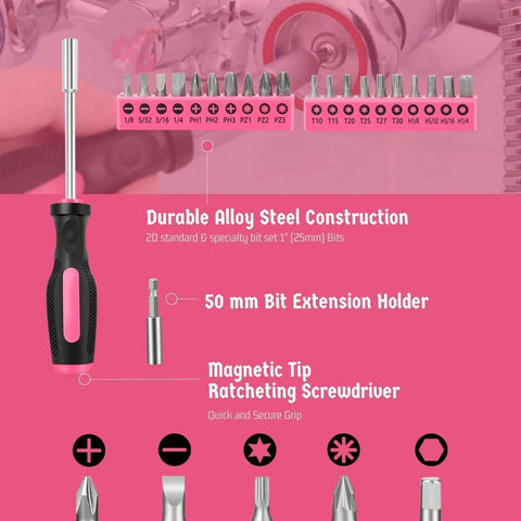 Compact 39 Piece Hand Tool Kit With Case For DIYers And Homeowners A Handy Starter Set For Home Repairs Wood Metal Craft And Mounting In A Portable Pink Tool Box, showing screwdriver bits and magnetic tip screwdriver
