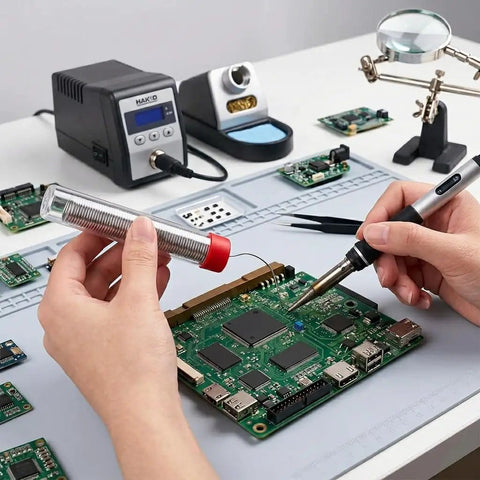 Soldering a circuit board with 3 Pack Solder Wire 0.6mm 27g 63 37 Tin Lead Rosin Core on a workbench with tools