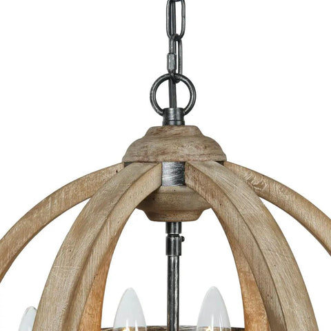 Close-up of Orb Four Light Farmhouse Chandelier in Stardust Brown with handmade rustic wood frame, chain detail visible.