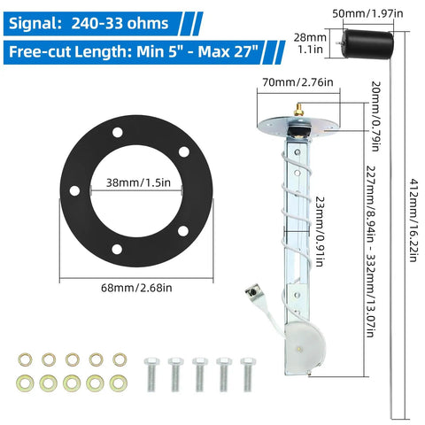 240-33 Ohm Fuel Sending Unit And Gauge Combo For 5 To 27 Inch Tanks, Waterproof Fuel Level Sender With 7 Color Backlight, Multi Signal Gauge For Boats, Marine, Trucks And Automotive Applications, 412mm sender size