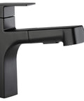 Side view of Single-Handle Kitchen Faucet With Pull-Out Spray in Matte Black, Fits 1 Or 3-Hole Installations, 8-Inch Mount, 120-Degree Swivel Spout