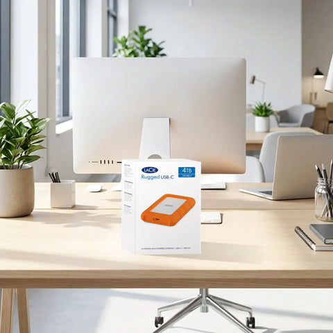 Rugged USB C 4TB Portable External Drive With Drop, Shock, Dust And Rain Resistance For Mac And PC box in an office setting.