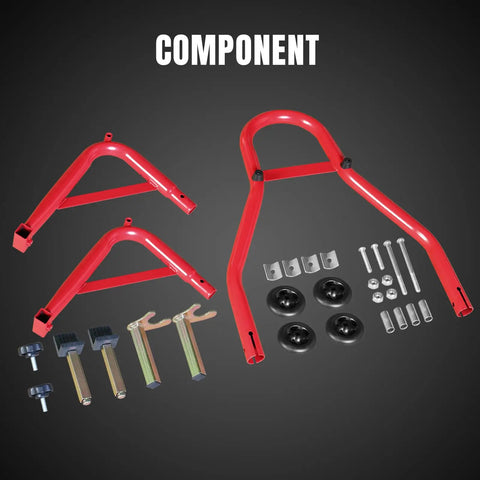 Components of Rear Combo Motorcycle Stand With Wheel Lift 500 Lb Capacity Swingarm Paddock Stands, red steel construction