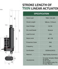 Side view of JiGiU 12V heavy-duty linear actuator with mounting bracket; 750N/165lbs, 100mm stroke, IP65, black