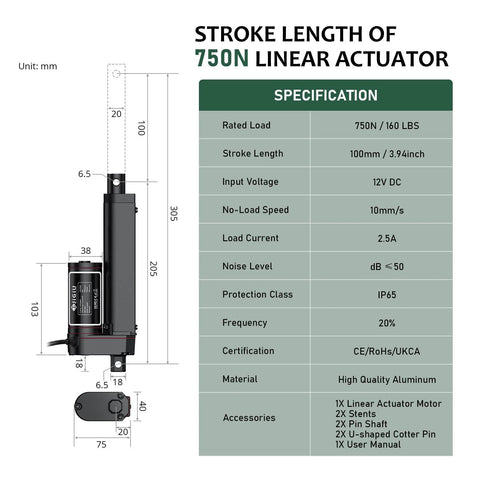 Side view of JiGiU 12V heavy-duty linear actuator with mounting bracket; 750N/165lbs, 100mm stroke, IP65, black