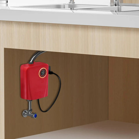 Compact Wall Mounted Tankless Electric Water Heater Featuring A Top Shelf 3000W Instant Hot On Demand Setup for kitchen use.