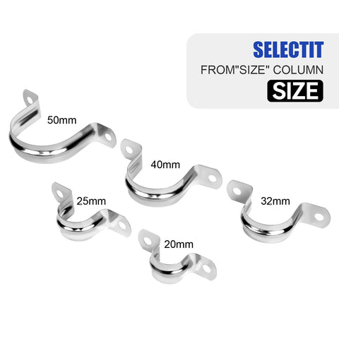 Stainless steel conduit clamps set; five U-bracket clamps in 20–50 mm sizes with mounting holes