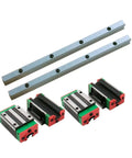 High Precision Linear Guide Rail Kit With 4pcs Egw15cc Bearing Blocks And 2pcs Egr15 Square Rails For Smooth CNC Machining Or 3D Printing Setup, shown with metal rails and four bearing blocks