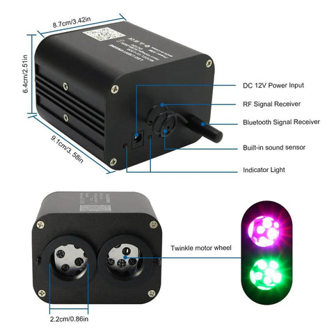 Close-up of 20W Dual Head Fiber Optic Lights Kit With RGBW Twinkle Heads detailing ports and connectors.