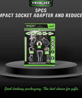 Five-Piece Cr-V Steel Impact Socket Adapters Set, 3/8 Inch Drive in retail packaging on display pedestal
