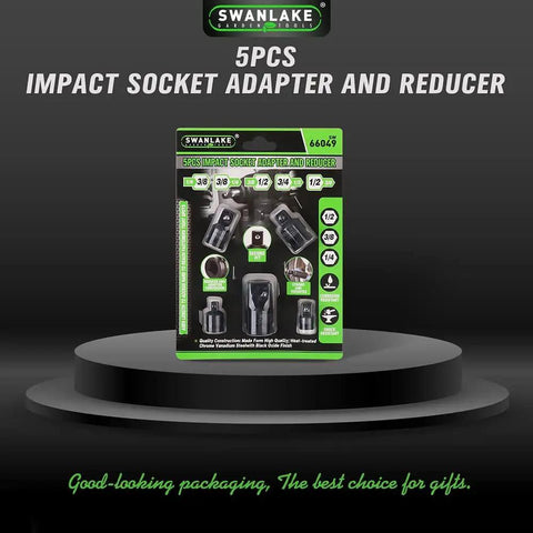 Five-Piece Cr-V Steel Impact Socket Adapters Set, 3/8 Inch Drive in retail packaging on display pedestal