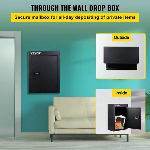 Tough As Nails Through The Wall Mail Drop Box with adjustable chute and secure code lock rainproof wall mount for letters and parcels black