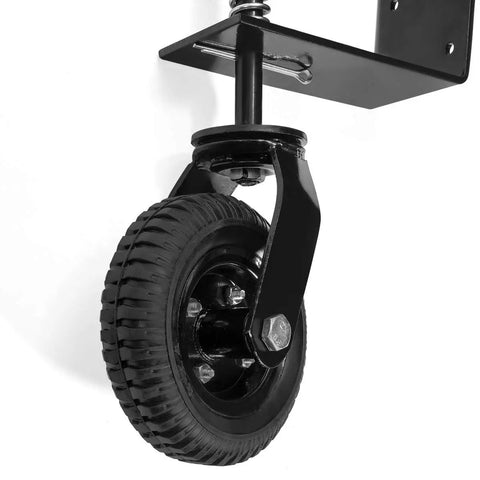 Close-up of a black, spring-loaded 8-inch polyurethane wheel, part of 2-Pack 8 Inch Flat-Free Gate Wheel With Spring-Loaded Chainlink Gate Caster.