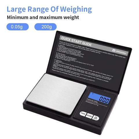 200g 0.01g Digital Pocket Scale With LCD Display, open lid showing quick start guide and weighing platform