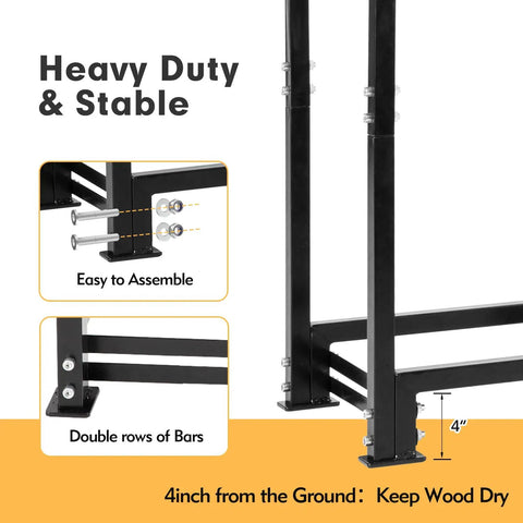Heavy duty 4Ft Outdoor Firewood Rack With Cover, square steel frame close-up, easy assembly, keeps wood 4 inches off ground.