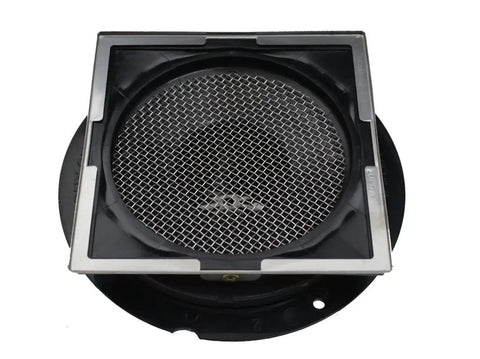 Heavy Hitting Full Shower Drain Installation Kit With Dope Polished Stainless Steel Finish And Clean Moresque Arch Design Built For Straightforward Five By Five Inch Bathroom Makeovers And Hassle Free California Faucets Swap - top view of shower drain with fine mesh screen.