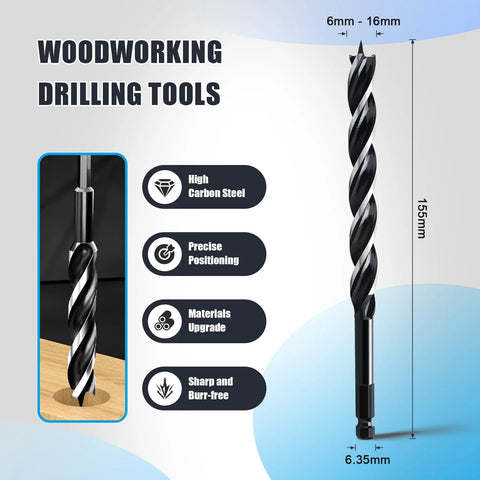 Side view of 5/8 x 6 in auger drill bit with 1/4 in hex shank for wood applications