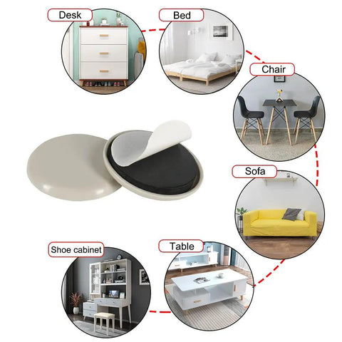 12 Pack Self Adhesive 2 Inch Furniture Sliders For Carpet And Hardwood Floors Heavy Duty Moving Pads shown with various furniture setups