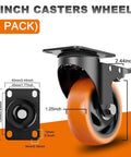 4-inch orange locking caster wheels set of 4 with dual brakes, polyurethane wheels for workbenches and carts