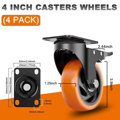 4-inch orange locking caster wheels set of 4 with dual brakes, polyurethane wheels for workbenches and carts