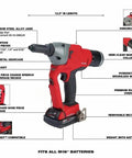 Cordless Blind Rivet Tool Kit One Quarter Inch Range Three Sixteenth To Nine Thirty Second Rivets Beefy 4500 Lbs Pull From Brushless Motor Works With Aluminum Steel And Stainless Rivets Durable Jaw Life, angled view with nose pieces and battery