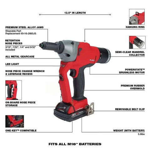 Cordless Blind Rivet Tool Kit One Quarter Inch Range Three Sixteenth To Nine Thirty Second Rivets Beefy 4500 Lbs Pull From Brushless Motor Works With Aluminum Steel And Stainless Rivets Durable Jaw Life, angled view with nose pieces and battery