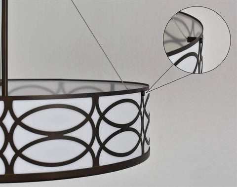 Close-up of Dope 18 Inch 3 Light Metal Drum Chandelier With Glass Diffuser In Oil Rubbed Bronze Finish Transitional Style Lighting