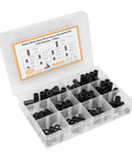 Pro Grade Nylon Spacer Assortment Kit With Heat And Wear Resistance For Electronics And DIY Projects, Lightweight Storage Helpers, Includes Multiple Sizes For Tight, Secure Mounts And Cushioning. open box with black nylon spacers in organizer tray