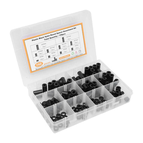 Pro Grade Nylon Spacer Assortment Kit With Heat And Wear Resistance For Electronics And DIY Projects, Lightweight Storage Helpers, Includes Multiple Sizes For Tight, Secure Mounts And Cushioning. open box with black nylon spacers in organizer tray