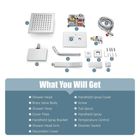Rainfall Shower System With 8 Inch Polished Chrome Shower Head, Tub Filler, Handheld Sprayer, Wall Mount components displayed.