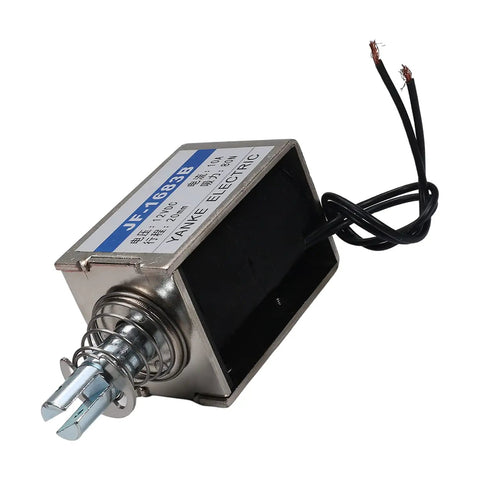 12V DC Push Pull Open Frame Solenoid Electromagnet With 80N Force And 15mm Stroke, 120W, 10A, Linear Motion Actuator For Transport Equipment, Built For Fast, Smooth Action And Heavy Duty Magnetic Plunger System; open frame solenoid with spring plunger and wires