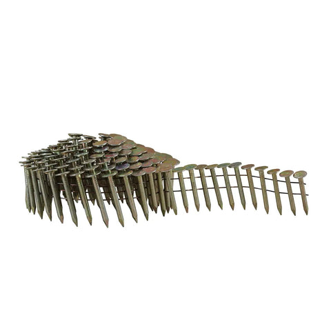 Hella Tough 15 Degree Wire Collated Galvanized Coil Roofing Nails For Asphalt Shingles Siding And Wall Sheathing In Heavy Duty Bulk Box With Seven Thousand Two Hundred Fasteners stacked in a coil.