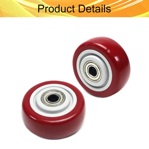 4 Pack 3 Inch PU Caster Wheels With 3 By 8 Bore Heavy Duty Plate Casters For Platform Trucks And Trolleys, 75mm Diameter And 1.25 Inch Width, Smooth Rolling Cart Wheels Replacement. Close-up of two red wheels with bearings.