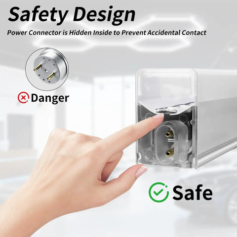 Power connector of LED Hexagon Garage Light 156W 18720LM 6500K Daylight White, showing hidden design for safety