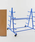 Rock Solid Heavy Duty Five Tier Rolling Lumber Rack Built Like A Tank Holds 500 Pounds No Sweat Garage Workshop Storage For Conduit Pipe And Yard Tools Blue with adjustable arms and wheels.