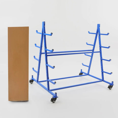 Rock Solid Heavy Duty Five Tier Rolling Lumber Rack Built Like A Tank Holds 500 Pounds No Sweat Garage Workshop Storage For Conduit Pipe And Yard Tools Blue with adjustable arms and wheels.