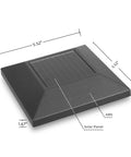 Top view of a black solar post cap light with dimensions, showing the solar panel, fits 4x4 wood posts, waterproof LED, 12 pack