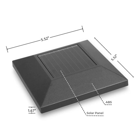 Top view of a black solar post cap light with dimensions, showing the solar panel, fits 4x4 wood posts, waterproof LED, 12 pack