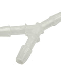 Oxygen tubing Y-connector, clear plastic, three barbed ends (close-up view)