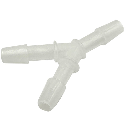 Oxygen tubing Y-connector, clear plastic, three barbed ends (close-up view)