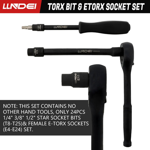 Torx Bit And Female External Socket Set 24 Pieces Includes Torx Star Bits T8 Through T40 And Female E Torx Sockets E4 Through E24 One Quarter Inch, Three Eighths Inch And One Half Inch Drives Chrome Vanadium With Mini Storage Box product showing multiple tool angles