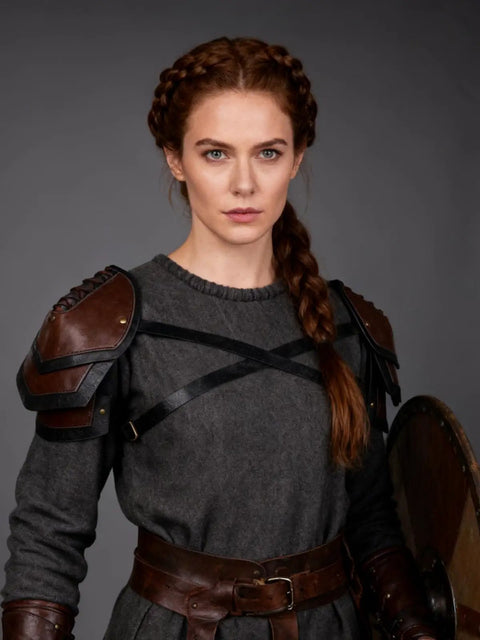 Woman wearing Battle Ready Leather Pauldron Shoulder Armor For Women, Viking Renaissance LARP Cosplay Gear In Brown